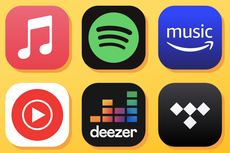 Apple, Spotify, Amazon, YouTube, Deezer logos.